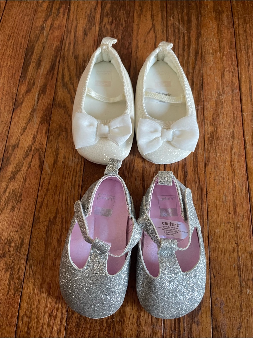 Carter's Baby Girl Crib Shoes:  White Bow Flats & Silver Glitter Mary Janes